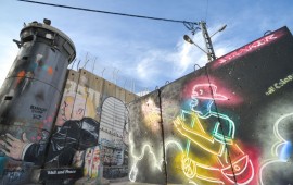 Political and social mural paintings and graffiti on the Israeli West Bank barrier in Bethlehem. 